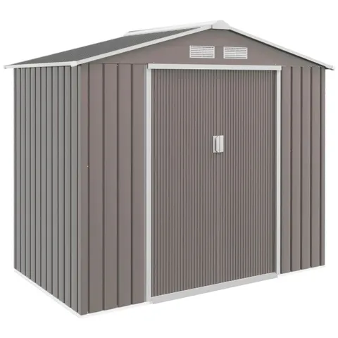 BOXED OUTSUNNY 7FT x 4FT LOCKABLE GARDEN METAL STORAGE SHED STORAGE ROOFED TOOL METAL SHED W/ AIR VENTS STEEL GREY (2 BOXES)