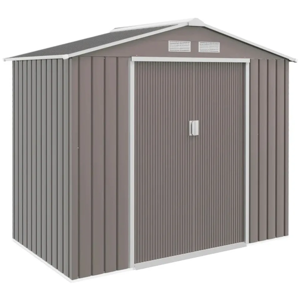 BOXED OUTSUNNY 7FT x 4FT LOCKABLE GARDEN METAL STORAGE SHED STORAGE ROOFED TOOL METAL SHED W/ AIR VENTS STEEL GREY (2 BOXES)