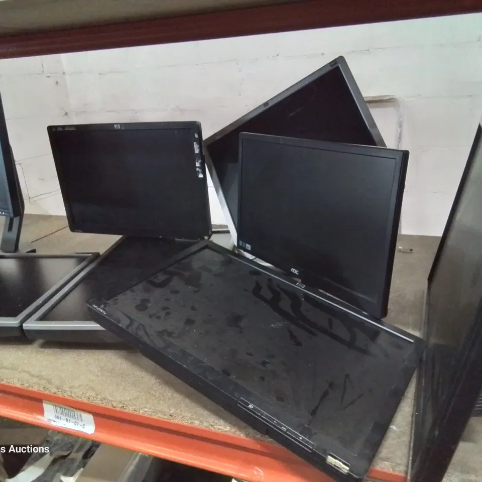 SHELF OF APPROXIMATELY 14 ASSORTED MONITORS INCLUDING HP, SAMSUNG, DELL, ACER.