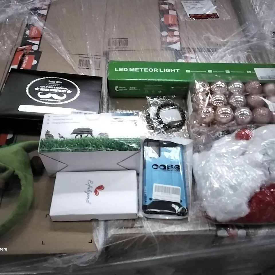 PALLET OF ASSORTED ITEMS INCLUDING SOLAR ANIMAL REPELLER, LED METEOR LIGHT, INDIAN BANGLES, PHONE CASES, BEARD CARE KIT, NATURAL STONE BEAD BRACLET