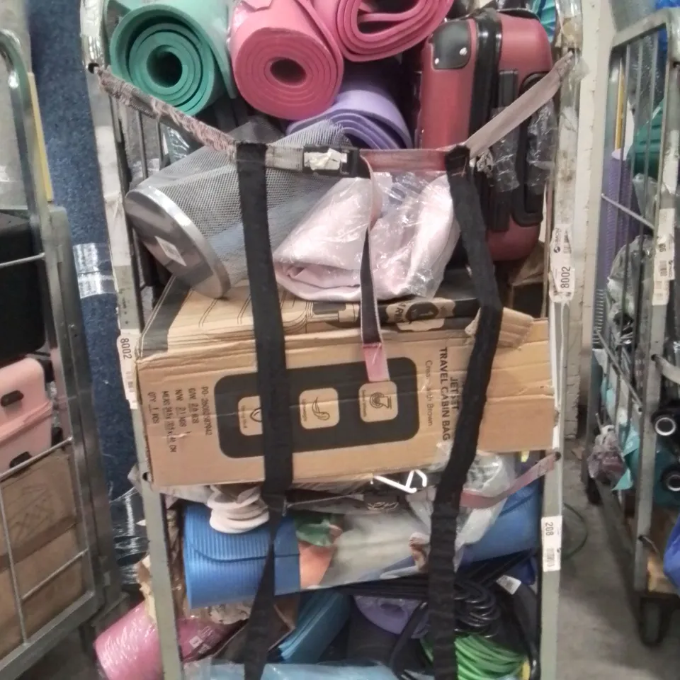 CAGE OF ASSORTED HOUSEHOLD GOODS AND PRODUCTS TO INCLUDE;SUITCASE,YOGA MATS,EXTENSION LEAD,SHOERACK 