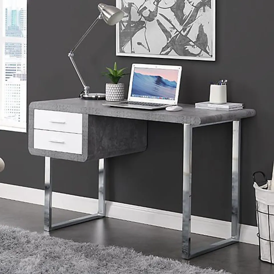 BRAND NEW BOXED CARLO COMPUTER DESK IN CONCRETE PAPER WITH WHITE HIGH GLOSS DRAWER FRONT (1 BOX)