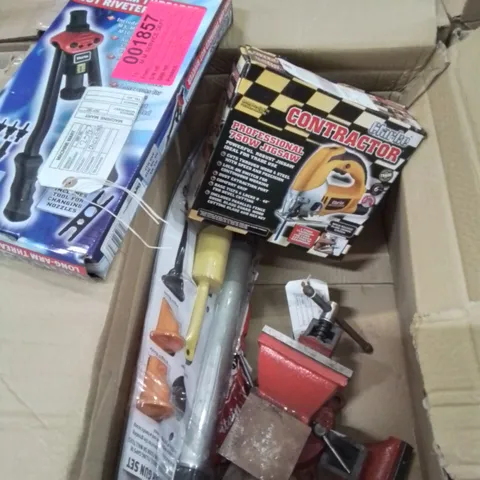 BOX OF MIXED TOOLS TO INCLUDE: PROFESSIONAL JIGSAW, LONG ARM3D NUT RIVETER, METAL VICE/CLAMP AND A MORTAR GUN SET