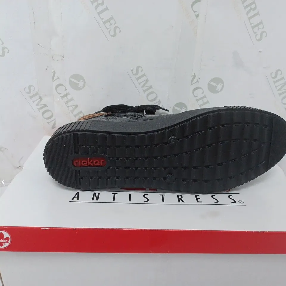 BOXED PAIR OF RIEKER HIGH TOP CUFFED TRAINERS IN BLACK - SIZE 7.5