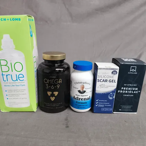 APPROX 10 ASSORTED ITEMS TO INCLUDE - BIOTRUE CONTACT LENS SOLUTION, OMEGA 3-6-9, CHRISTOPHER'S ADRENAL FORMULA, SILICONE SCAR GEL, PREMIUM PROBIOTIC COMPLEX