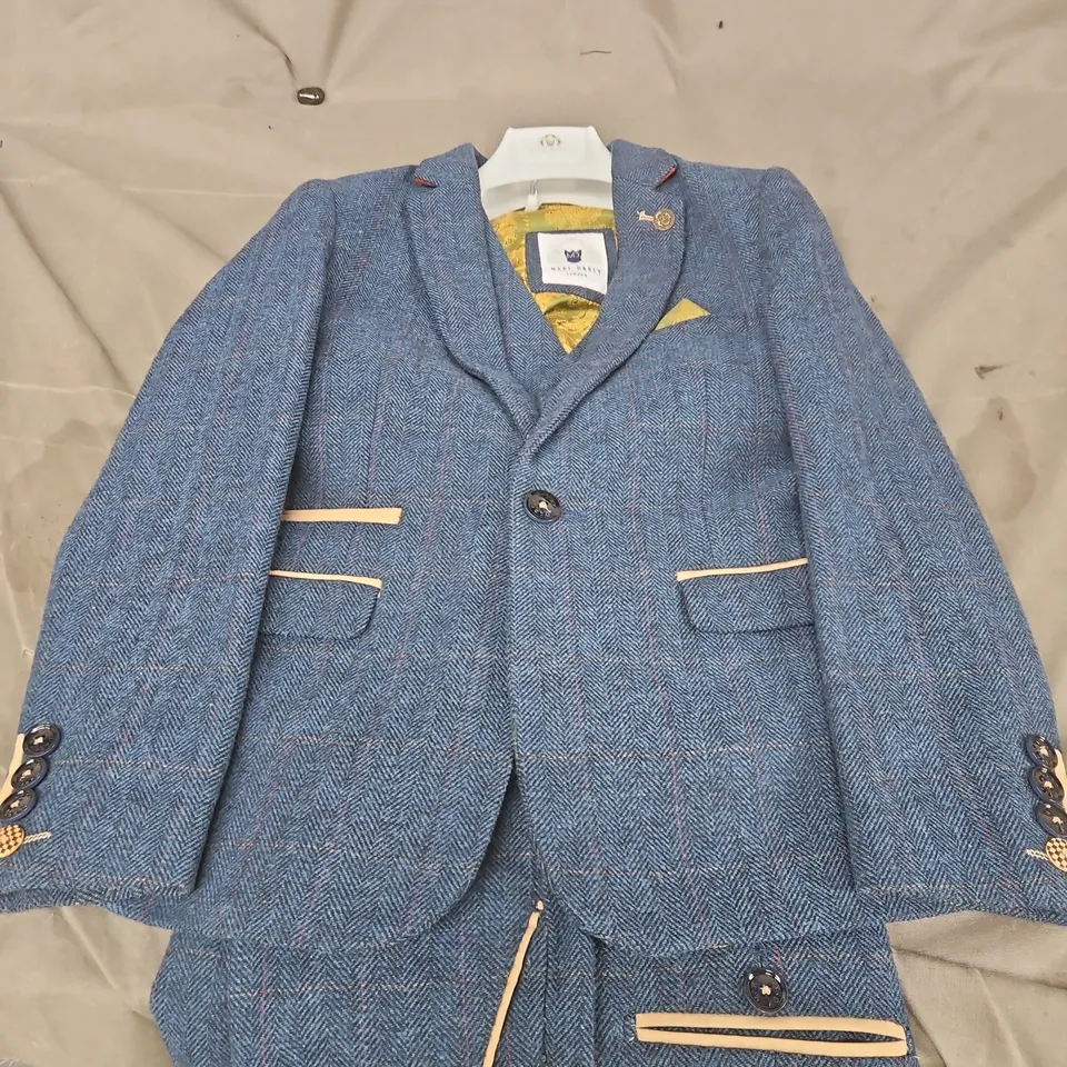 MARC DARCEY MEN'S BLUE HERRINGBONE TWEED SUIT – JACKET & TROUSERS SIZE 11