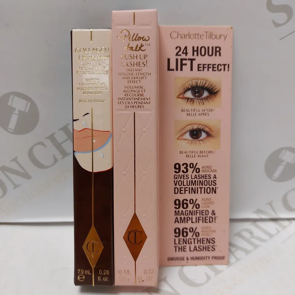 LOT OF 2 CHARLOTTE TILBURY PRODUCTS TO INCLUDE PILLOW TALK PUSH UP LASHES! MASCARA & COLLAGEN LIP BATH PEACHY PLUMP