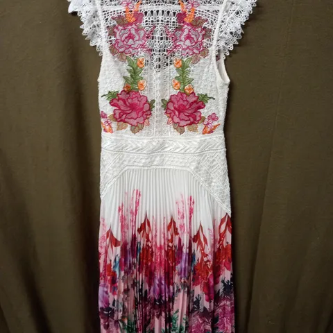 KAREN MILLEN GUIPURE LACE MIRRORED FLORAL PLEATED MIDI DRESS SIZE 10