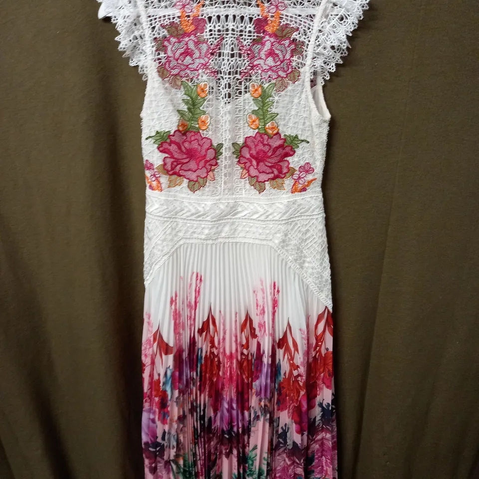 KAREN MILLEN GUIPURE LACE MIRRORED FLORAL PLEATED MIDI DRESS SIZE 10