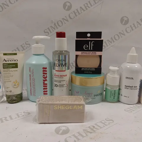 BOX OF APPROX 10 ASSORTED BEAUTY PRODUCTS TO INCLUDE AVEENO MOISTURISING CREAM, L'OREAL BOND REPAIR SERUM, E.L.F PUTTY PRIMER, ETC