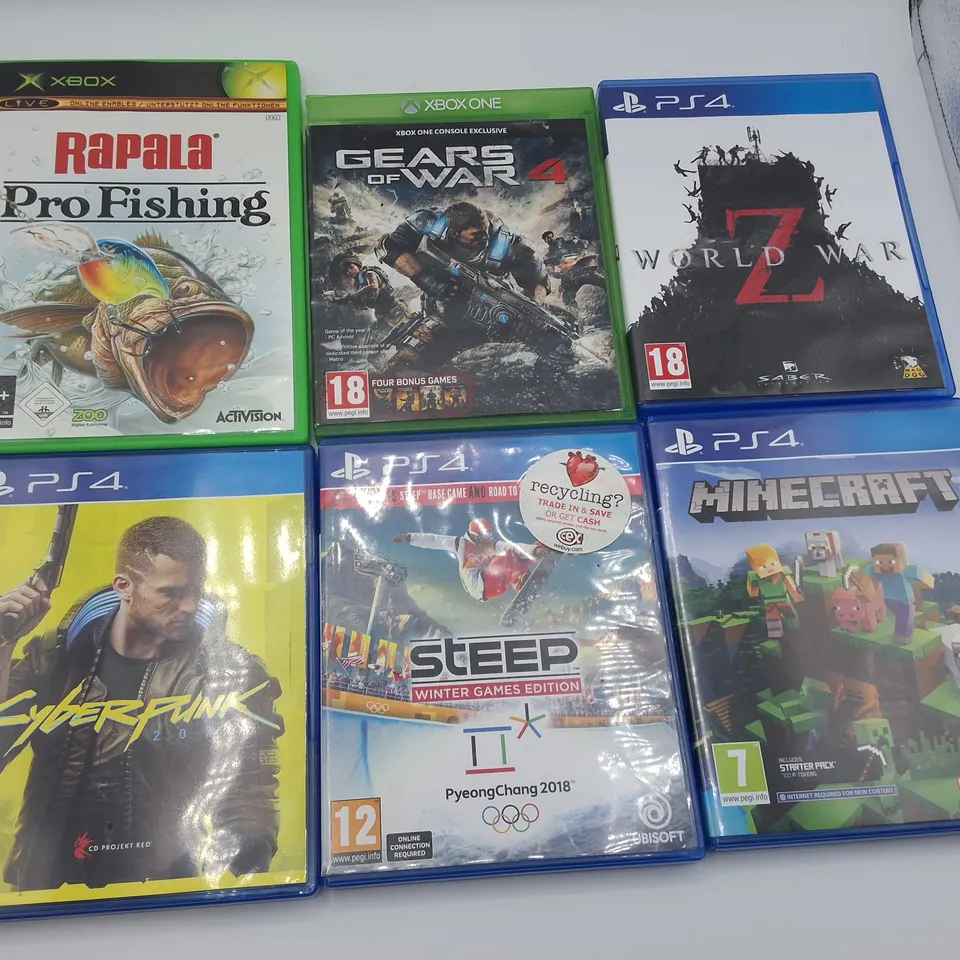 LOT OF 6 ASSORTED GAMES TO INCLUDE CRUDE CYBERPUNK 2077 FOR PS4 GEARS OF WAR4 FOR XBOX ONE AND RAPALA PRO FISHING FOR XBOX