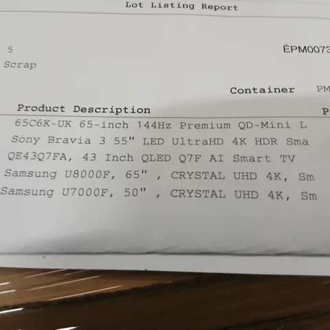 PALLET OF APPROXIMATELY FIVE DAMAGED TVS TO INCLUDE: