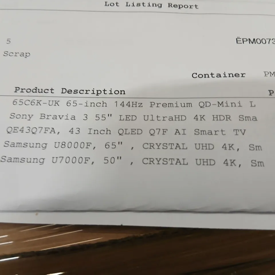 PALLET OF APPROXIMATELY FIVE DAMAGED TVS TO INCLUDE: