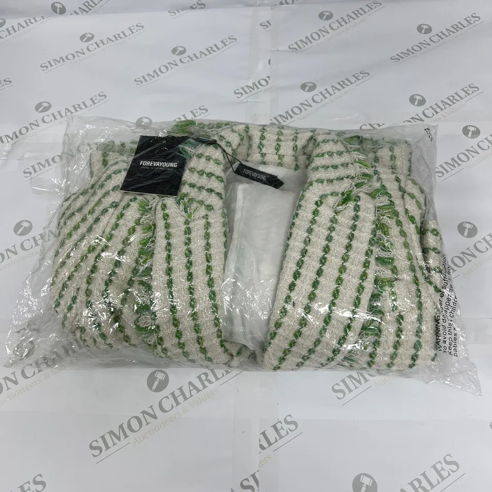 FOREVAYOUNG GOLD BUTTON DETAILED STRIPED COAT IN WHITE AND GREEN SIZE SMALL