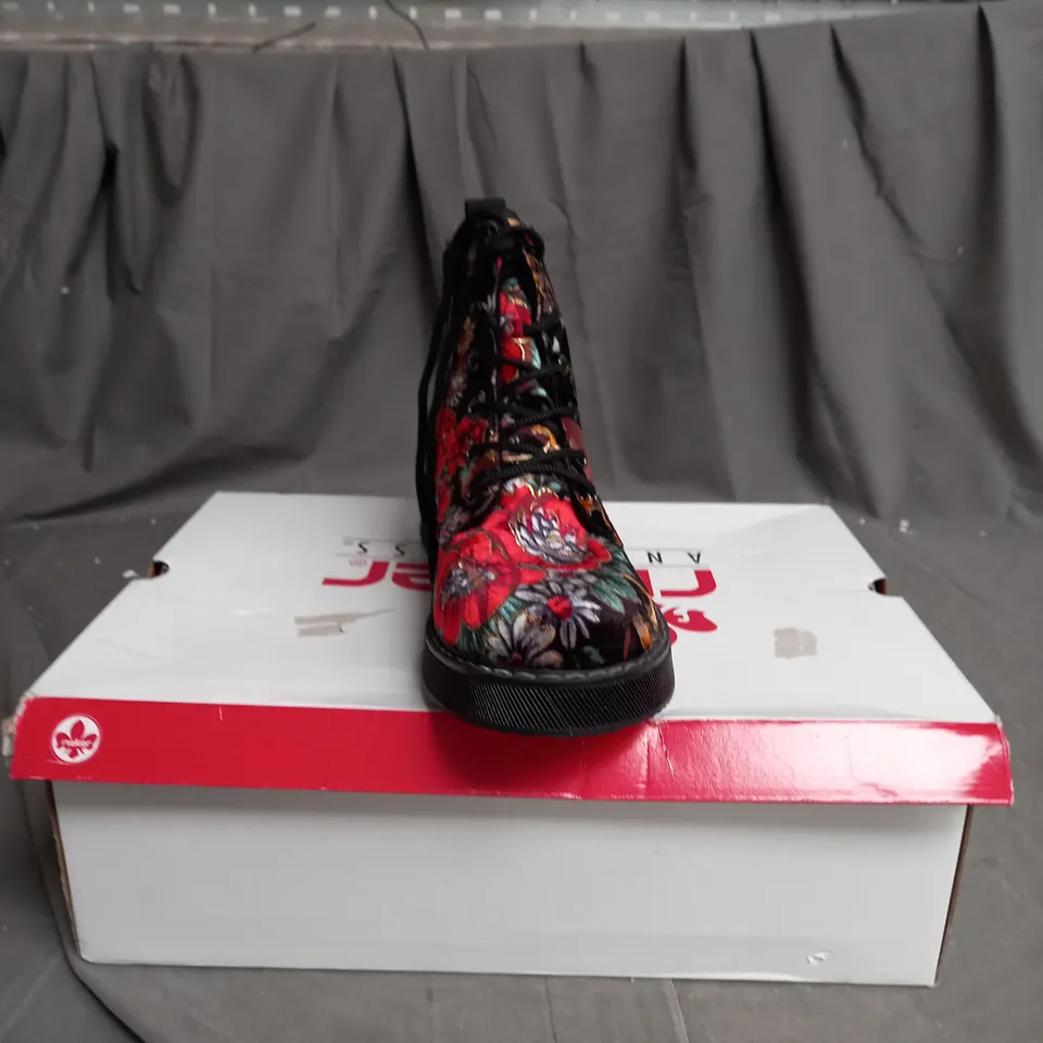 BOXED PAIR OF RIEKER LACE UP BOOTS MULTI/FLORAL PATTERN - SIZE 6 