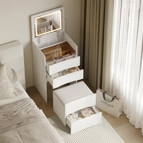 BOXED 2-IN-1 SMALL MAKEUP TABLE WITH 3 DRAWERS & CUSHIONED STOOL - WHITE