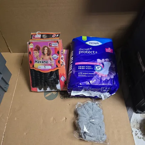 APPROXIMATELY 15 ASSORTED HEALTH & BEAUTY PRODUCTS TO INCLUDE TENA LADY PADS, HAIR EXTENSIONS, HAIR BOBBLES ETC - COLLECTION ONLY