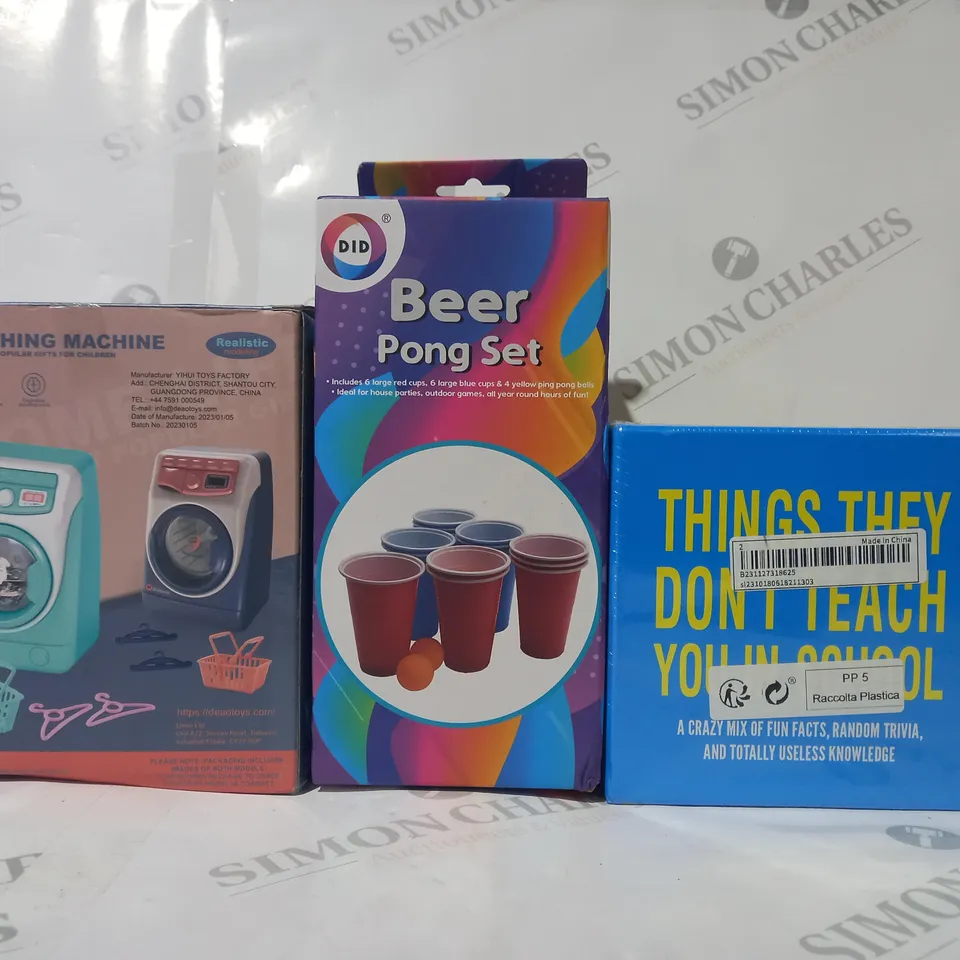 BOX OF APPROXIMATELY 20 ASSORTED TOYS AND GAMES TO INCLUDE THINGS THEY DON'T TEACH YOU IN SCHOOL TRIVIA GAME, BEER PONG SET, WASHING MACHINE, ETC