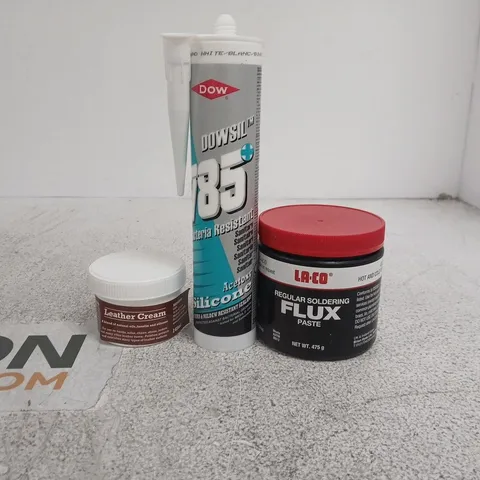 TOTE OF APPROXIMATELY 20 ASSORTED ITEMS TO INCLUDE FLUX PASTE, DOWSIL ACETOXY SILICONE, LEATHER CREAM ETC