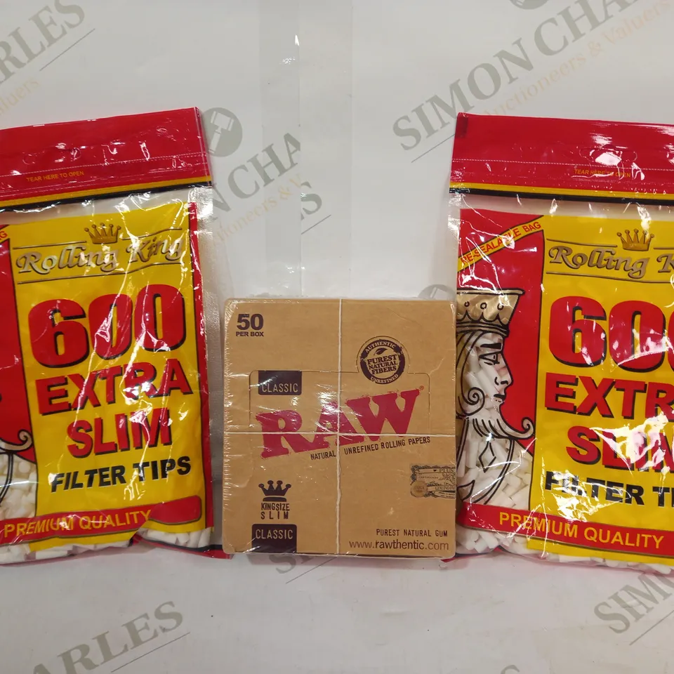 LOT OF APPROXIMATELY 10 ASSORTED HOUSEHOLD ITEMS TO INCLUDE ROLLING KING EXTRA SLIM FILTER TIPS, RAW NATURAL UNREFINED ROLLING PAPER, ETC