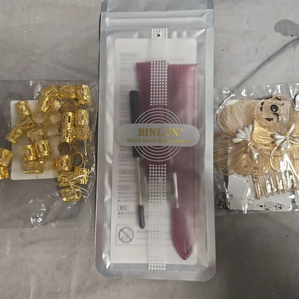 BOX OF APPROXIMATELY 10 ASSORTED JEWELLERY ITEMS AND ACCESSORIES TO INCLUDE WATCH BANDS, WATCHES, AND NECKLACES, ETC