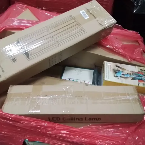 PALLET OF ASSORTED ITEMS INCLUDING: HYSURE DEHUMIDIFIER, STUFFED ANIMAL STORAGE, KICK 'N' ROLL SCOOTER, LED CEILING LAMP, TOILET SEAT AND FRAME ECT