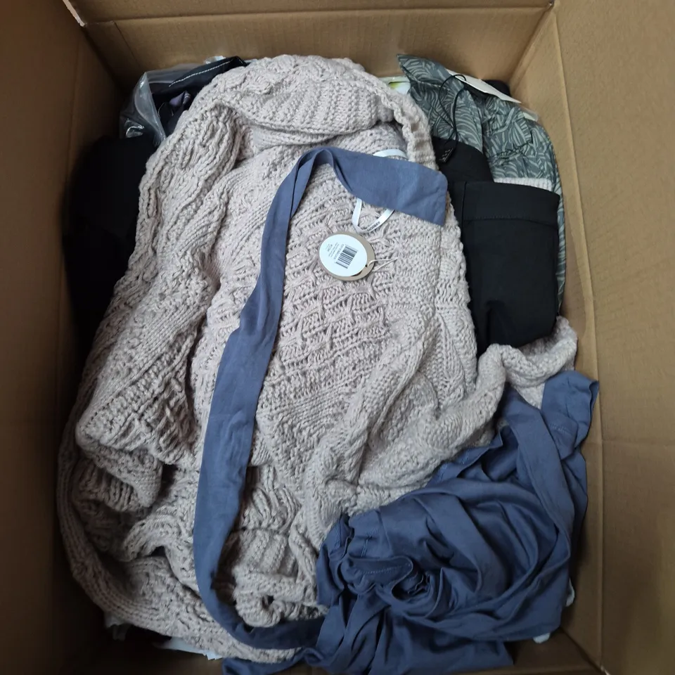 LARGE BOX OF ASSORTED CLOTHING ITEMS IN ASSORTED COLOUR, SIZES AND STYLES