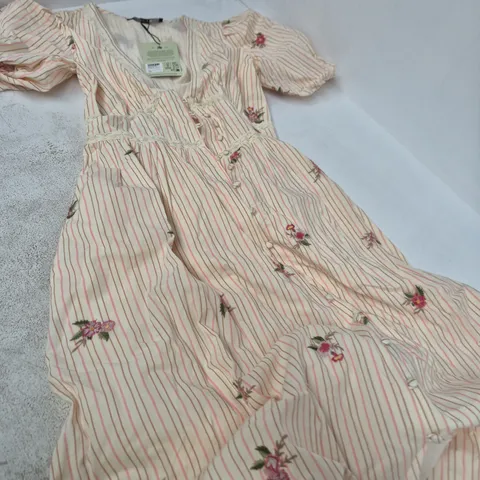 NOBODY'S CHILD X ELIZABETH SCARLETT DRESS – UK8, CREAM STRIPE WITH FLORAL EMBROIDERY