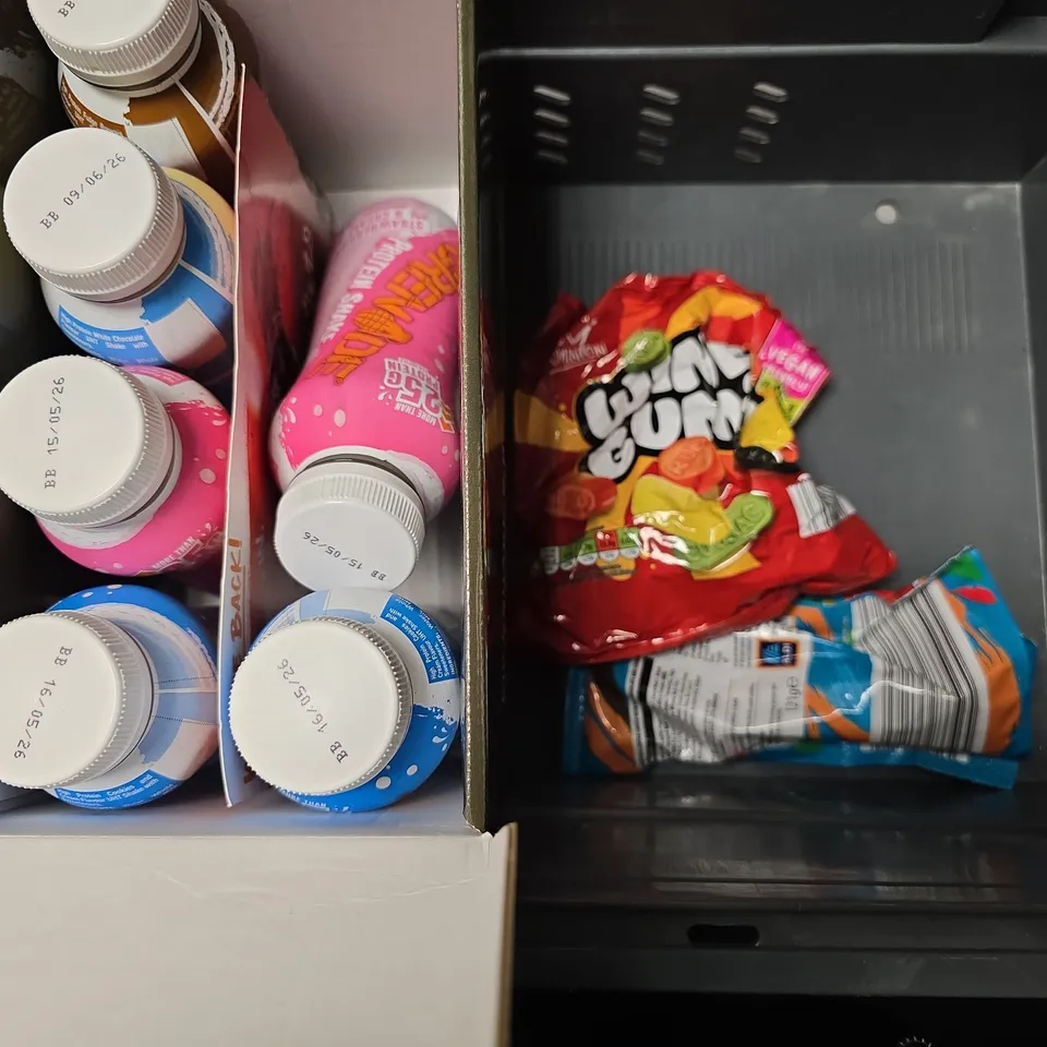 APPROXIMATELY 7 ASSORTED FOOD & DRINK ITEMS TO INCLUDE - GRENADE COOKIES & CREAM SHAKE , CRISPY COATED CHILLI PEANUTS , DORITOS EXTRA FLAMING HOT ETC