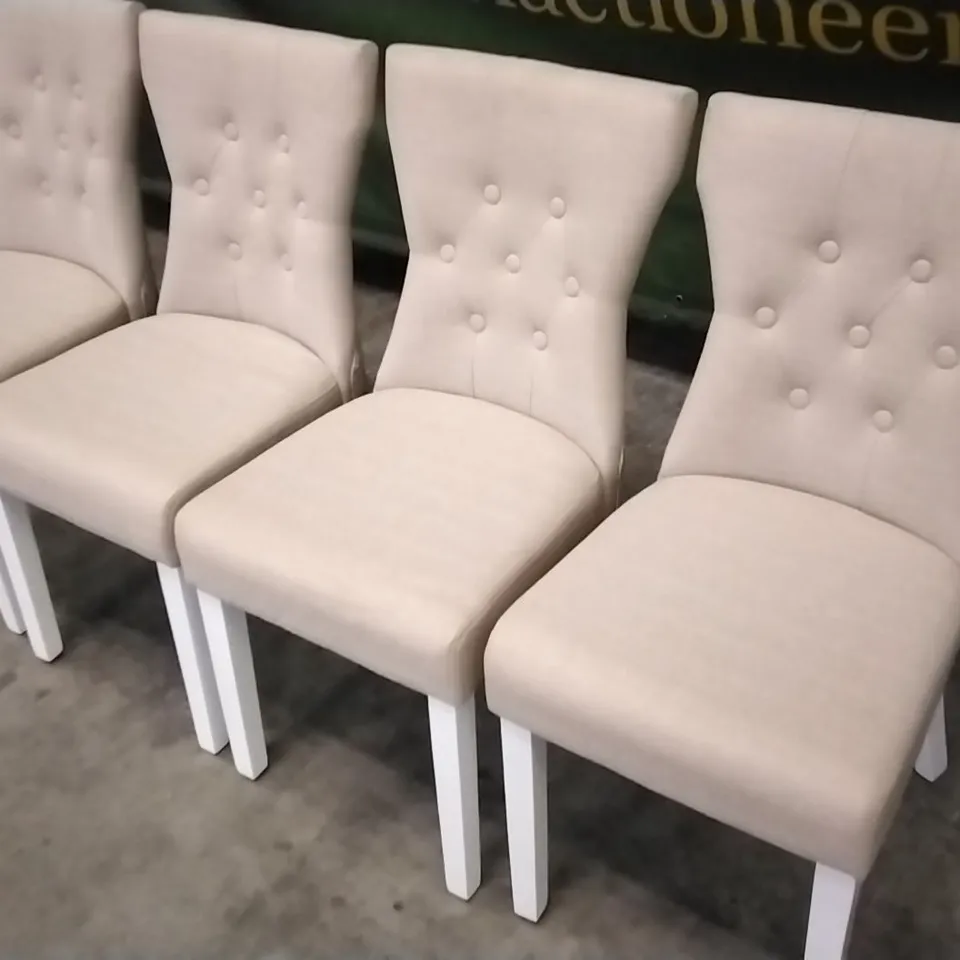 SET OF 4 BEIGE FABRIC BUTTONBACK DINING CHAIRS WITH WHITE WOODEN LEGS