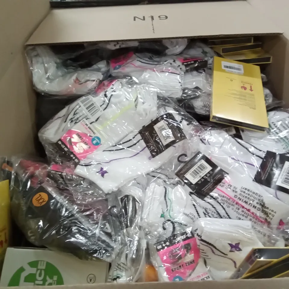 PALLET OF ASSORTED ITEMS INCLUDING TEMPERED GLASS SCREEN PROTECTOR, DADANISM TABLET CASE, ELECTRIC MILK FROTHER, TWO HANDS PAINT MARKER, SPORTS ZONE 4PK SOCKS BUNDLE