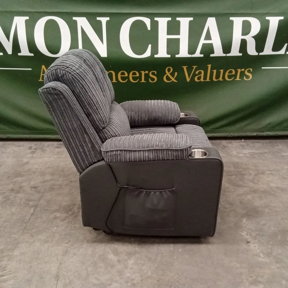 DESIGNER GREY CORDUROY FABRIC & FAUX LEATHER POWER RECLINER CHAIR WITH CUP HOLDERS