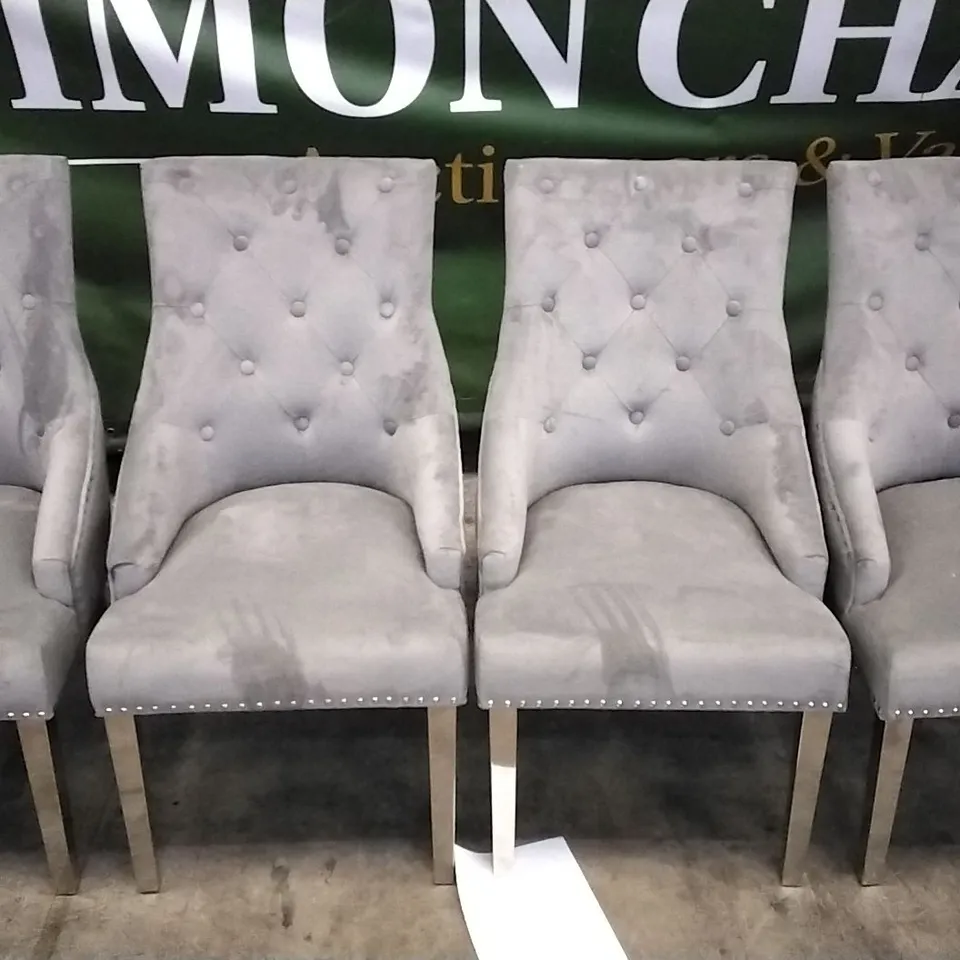 SET OF 4 PLUSH GREY FABRIC BUTTONBACK STUDDED DINING CHAIRS WITH CHROME LEGS