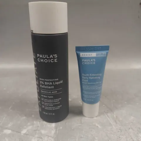 PAULA'S CHOICE LOT OF 2 ASSORTED SKINCARE PRODUCTS TO INCLUDE - 2% BHA LIQUID EXFOLIANT - YOUTH EXTENDING DAILY HYDRATING FLUID