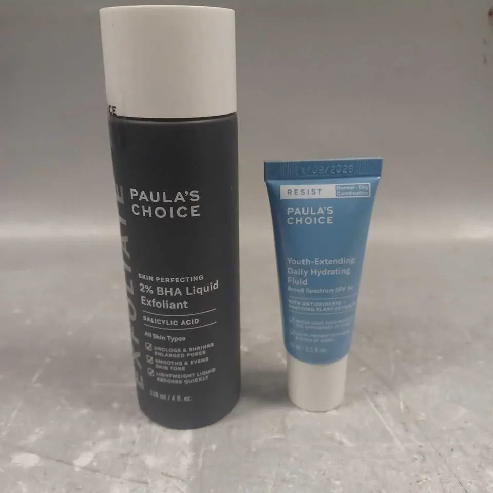 PAULA'S CHOICE LOT OF 2 ASSORTED SKINCARE PRODUCTS TO INCLUDE - 2% BHA LIQUID EXFOLIANT - YOUTH EXTENDING DAILY HYDRATING FLUID