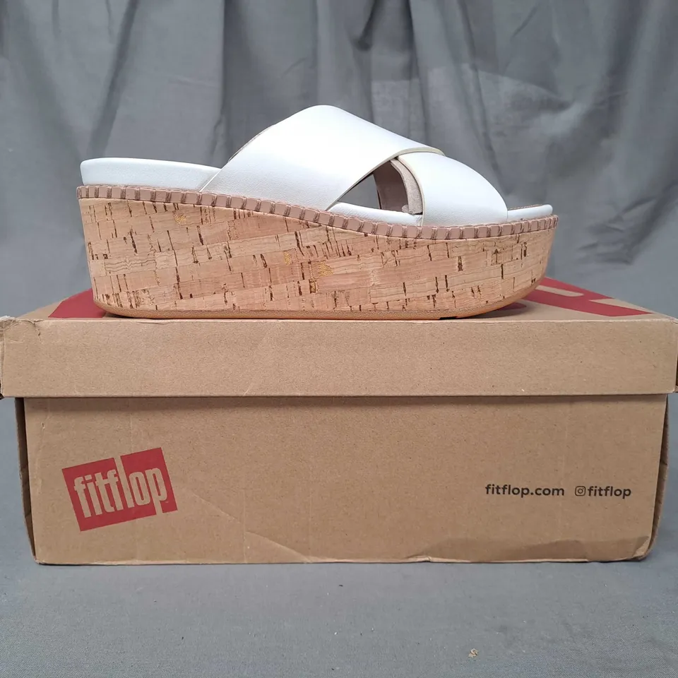 BOXED PAIR OF FITFLOP ELOISE WEDGE CROSS SLIDERS IN WHITE UK SIZE 4