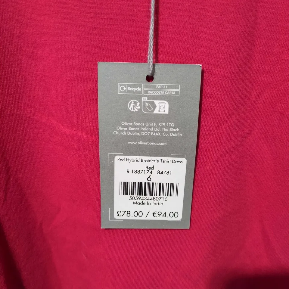 OLIVER BONAS RED HYBRID BRODERIE T‑SHIRT DRESS, UK 6