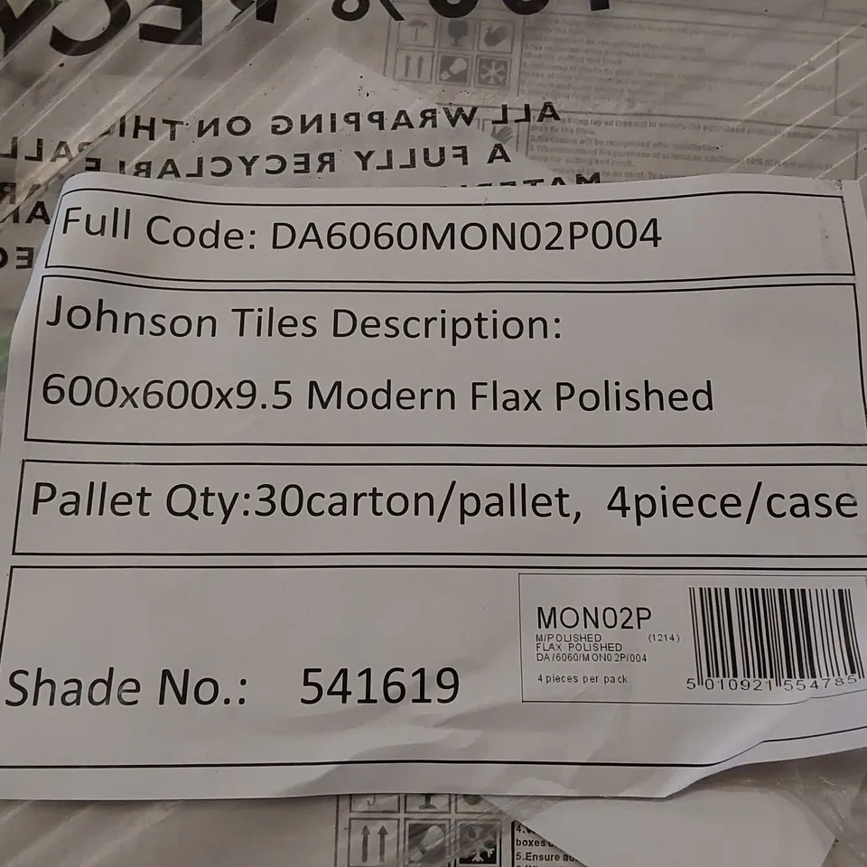 PALLET TO CONTAIN APPROX 30 X PACKS OF JOHNSON TILES MODERN FLAX POLISHED PORCELAIN FLOOR TILES - 4 TILES PER PACK // TILE SIZE: 600 X 600 X 9.5mm