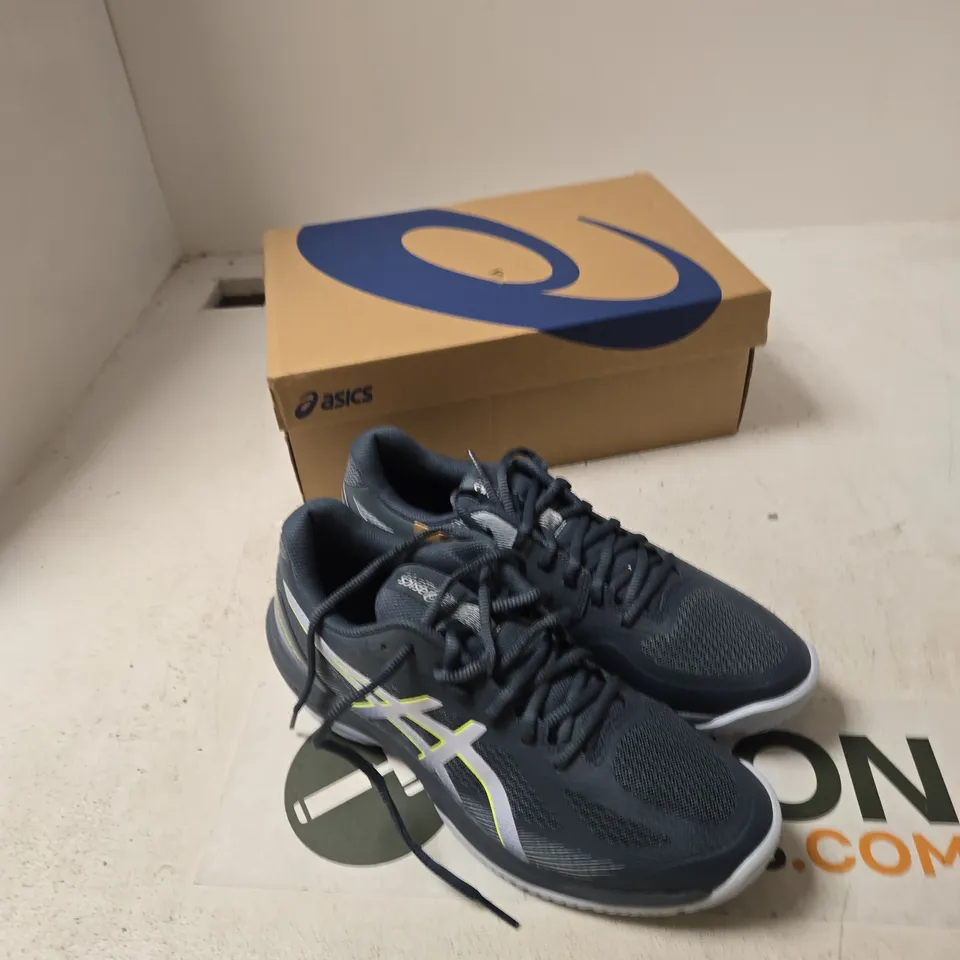 ASICS RUNNING SHOES – MEN'S, GREY/BLACK WITH NEON ACCENTS (BOXED) UK 8