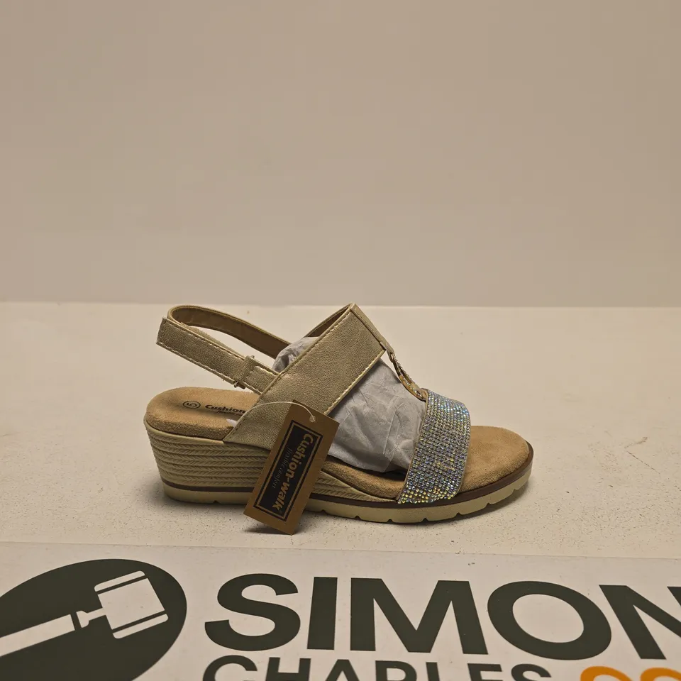 CUSHION WALK CRYSTAL-STRAP WEDGE SANDALS - BEIGE/GOLD, WOMEN'S SIZE UK 5