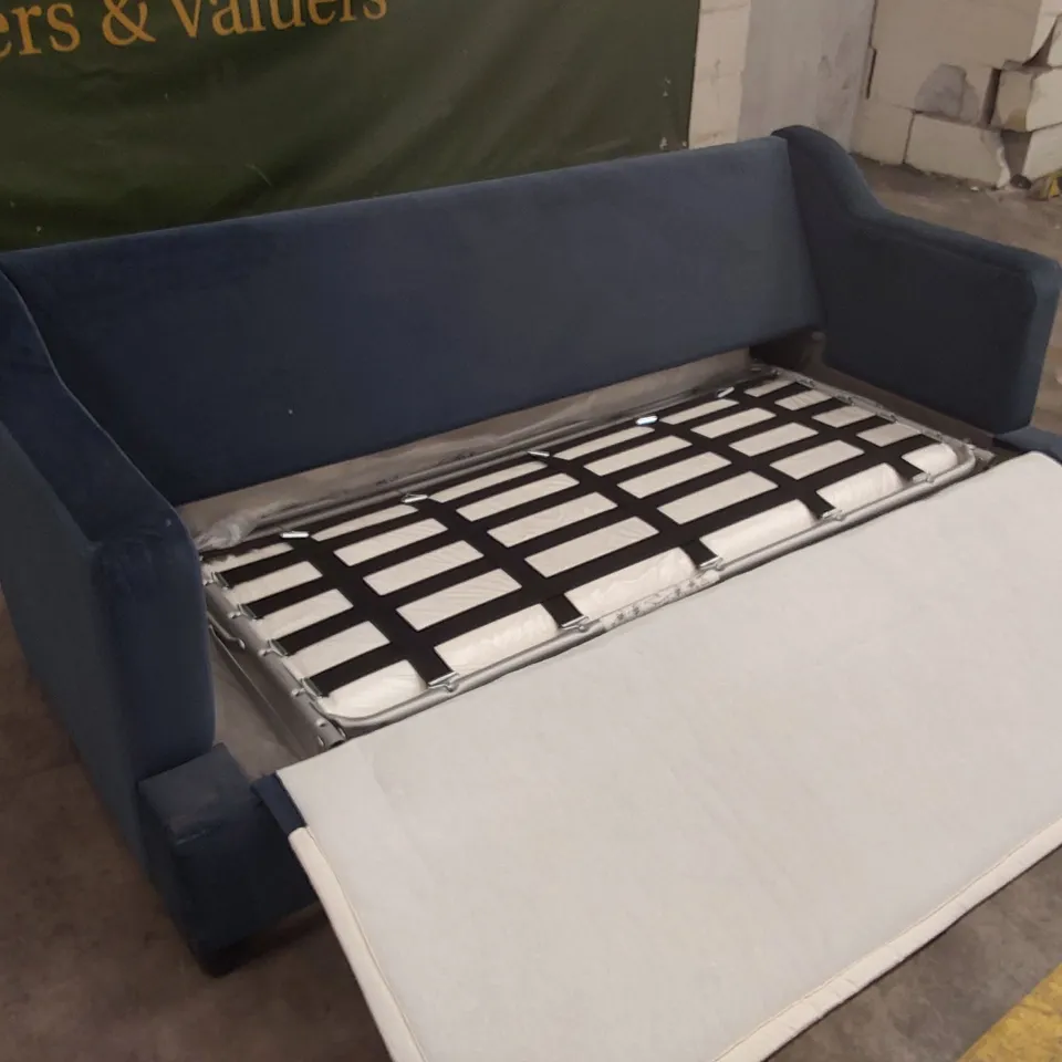 QUALITY DESIGNER SOFA BED - BLUE VELVET // CUSHIONS MISSING