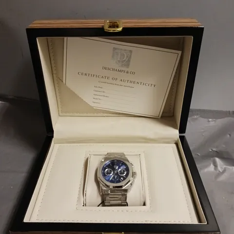 BOXED DESCHAMPS & CO CHRONOGRAPH WATCH WITH STAINLESS STEEL BRACELET 