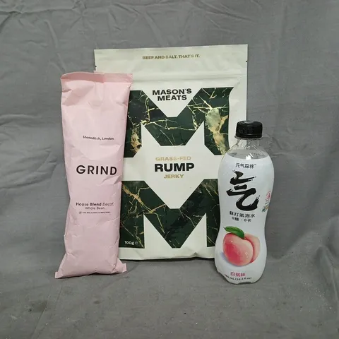 APPROXIMATELY 10 ASSORTED FOOD AND DRINK ITEMS TO INCLUDE RUMP JERKY, GRIND COFFEE, ETC