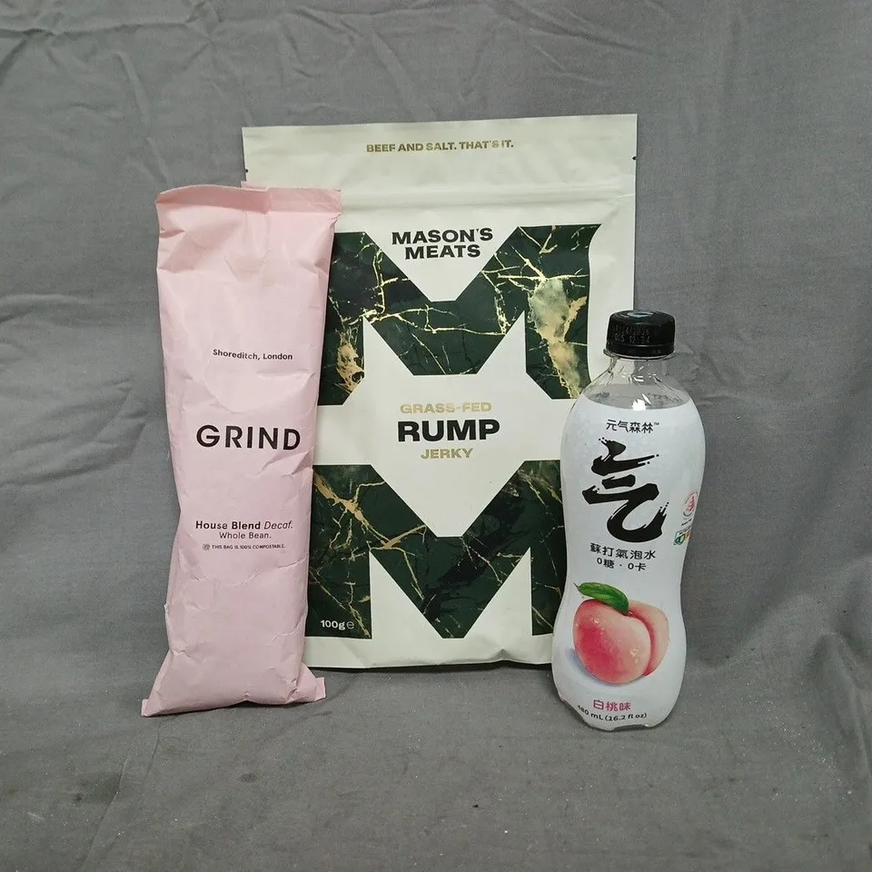 APPROXIMATELY 10 ASSORTED FOOD AND DRINK ITEMS TO INCLUDE RUMP JERKY, GRIND COFFEE, ETC