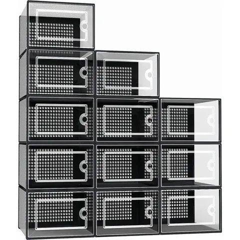 12X STACKABLE FOLDABLE BOX TRAINERS ORGANISER CLEAR PLASTIC SHOE STORAGE BLACK 