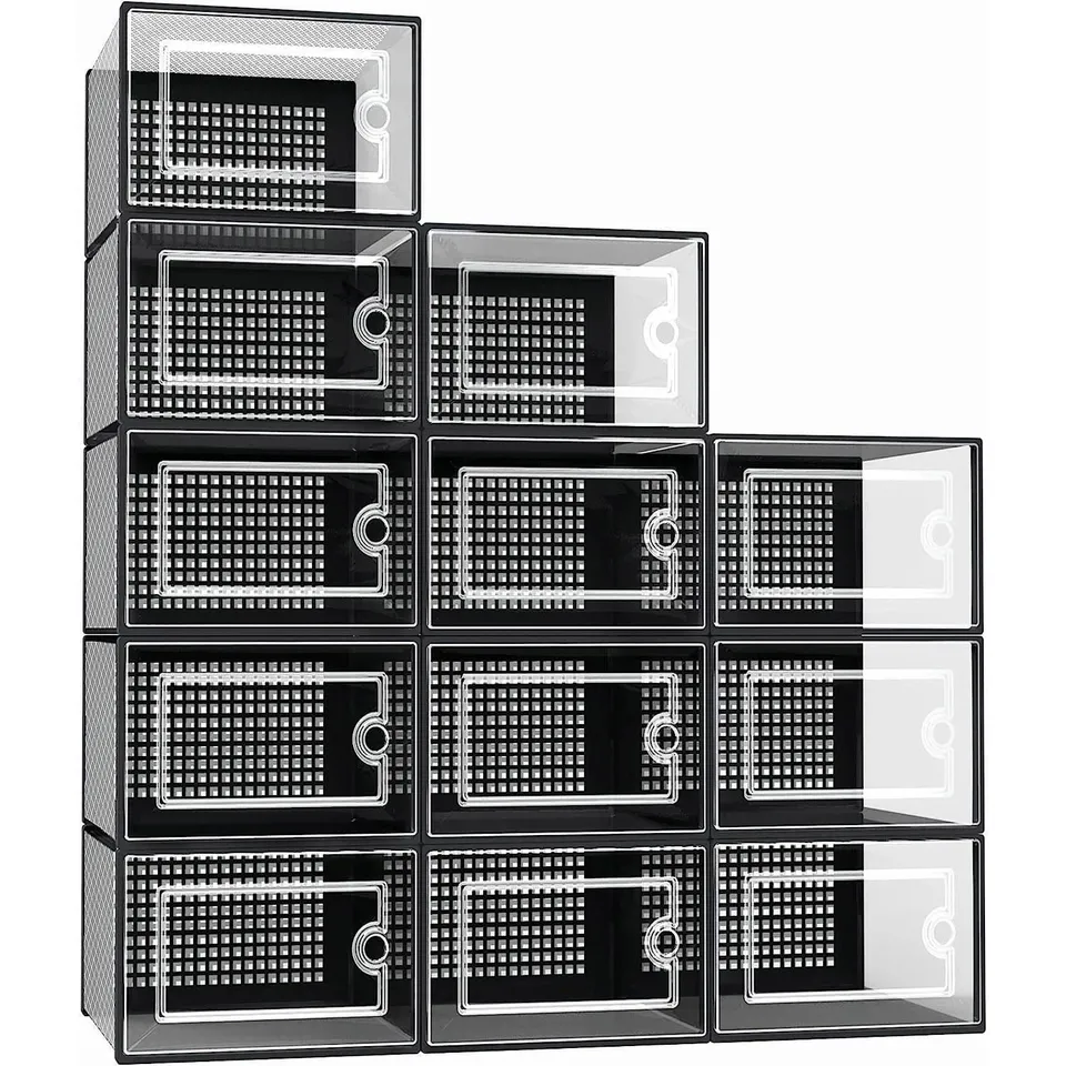 12X STACKABLE FOLDABLE BOX TRAINERS ORGANISER CLEAR PLASTIC SHOE STORAGE BLACK 