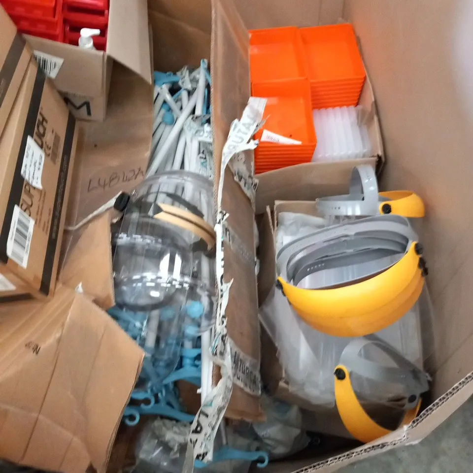 PALLET OF ASSORTED MEDICAL AND ADMINISTRATIVE EQUIPMENT TO INCLUDE; DESK TIDIES, DRIP STANDS, GLUCO GLUE, FACE SHIELDS AND SUPER TOUCH TROUSERS