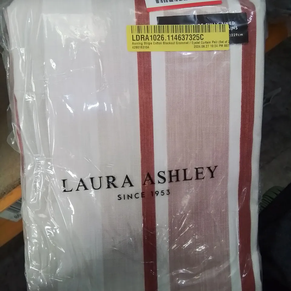 BAGGED LAURA ASHLEY AWNING STRIPE COTTON BLACKOUT GROMMET / EYELET CURTAIN PAIR - CRIMSON // SIZE: 88 X 90"