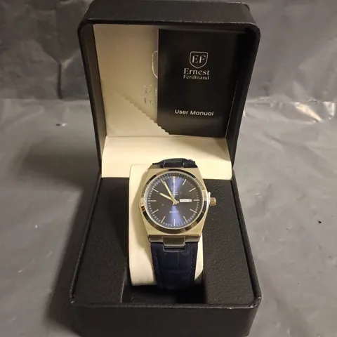 ERNEST FERDINAND STRAINLESS STEEL DATE DIAL WATCH WITH BLUE FACE & BLUE TEXTURED STRAP
