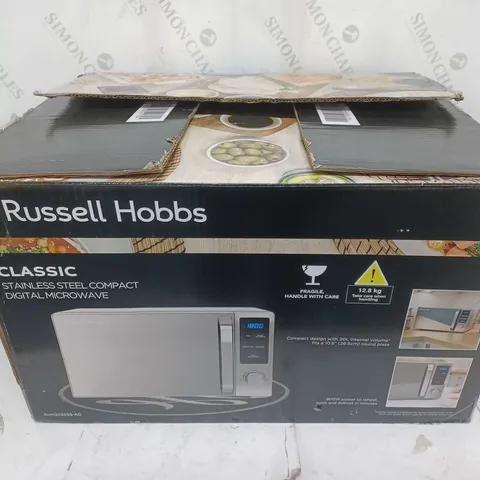 BOXED RUSSELL HOBBS CLASSIC STAINLESS STEEL COMPACT DIGITAL MICROWAVE